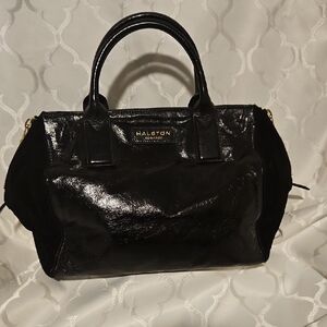 Halston Heritage Glossy Black Leather & Suede Satchel